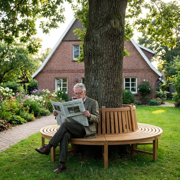 teakholz baumbank in garten um baum
