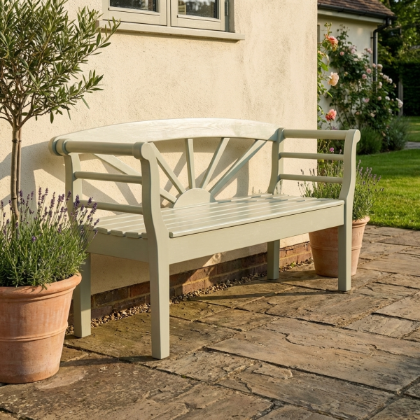 gartenbank holz weiß mit sonnenmotiv