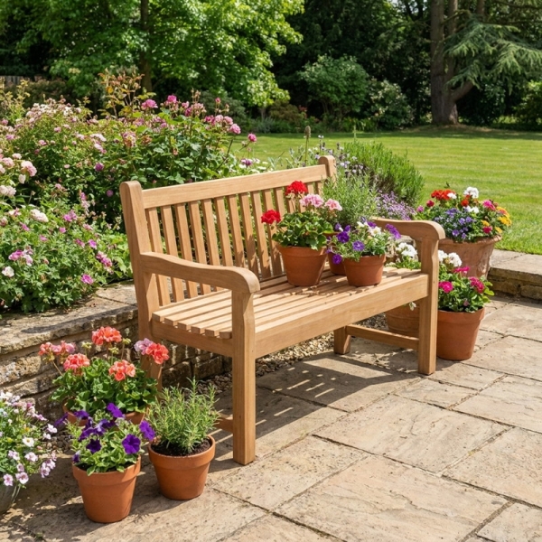 Preview: blumen gartenbank teak